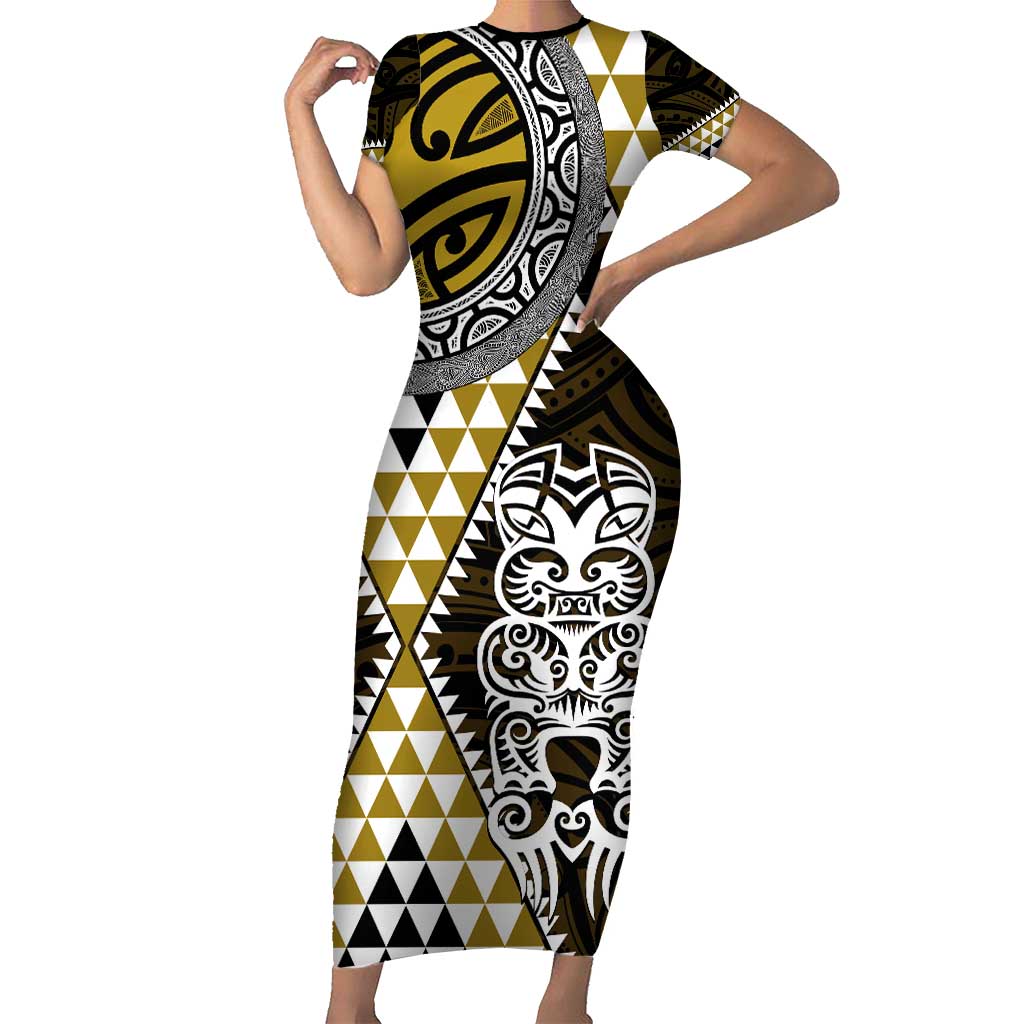 Yellow Aotearoa Niho Taniwha Short Sleeve Bodycon Dress Maori Mythology Tooth - Taniko Motifs LT14 Long Dress Yellow - Polynesian Pride