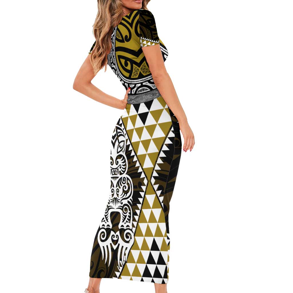 Yellow Aotearoa Niho Taniwha Short Sleeve Bodycon Dress Maori Mythology Tooth - Taniko Motifs LT14 - Polynesian Pride