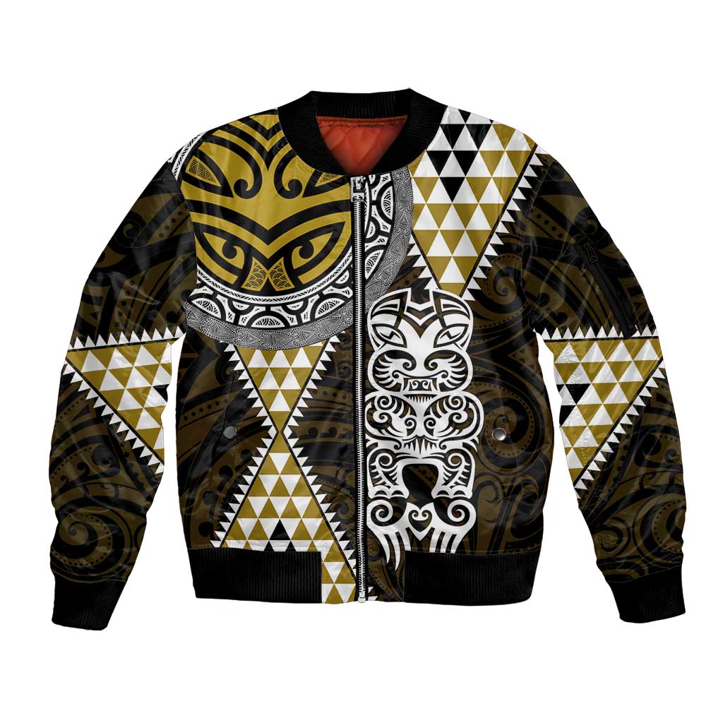 Yellow Aotearoa Niho Taniwha Sleeve Zip Bomber Jacket Maori Mythology Tooth - Taniko Motifs LT14 Unisex Yellow - Polynesian Pride