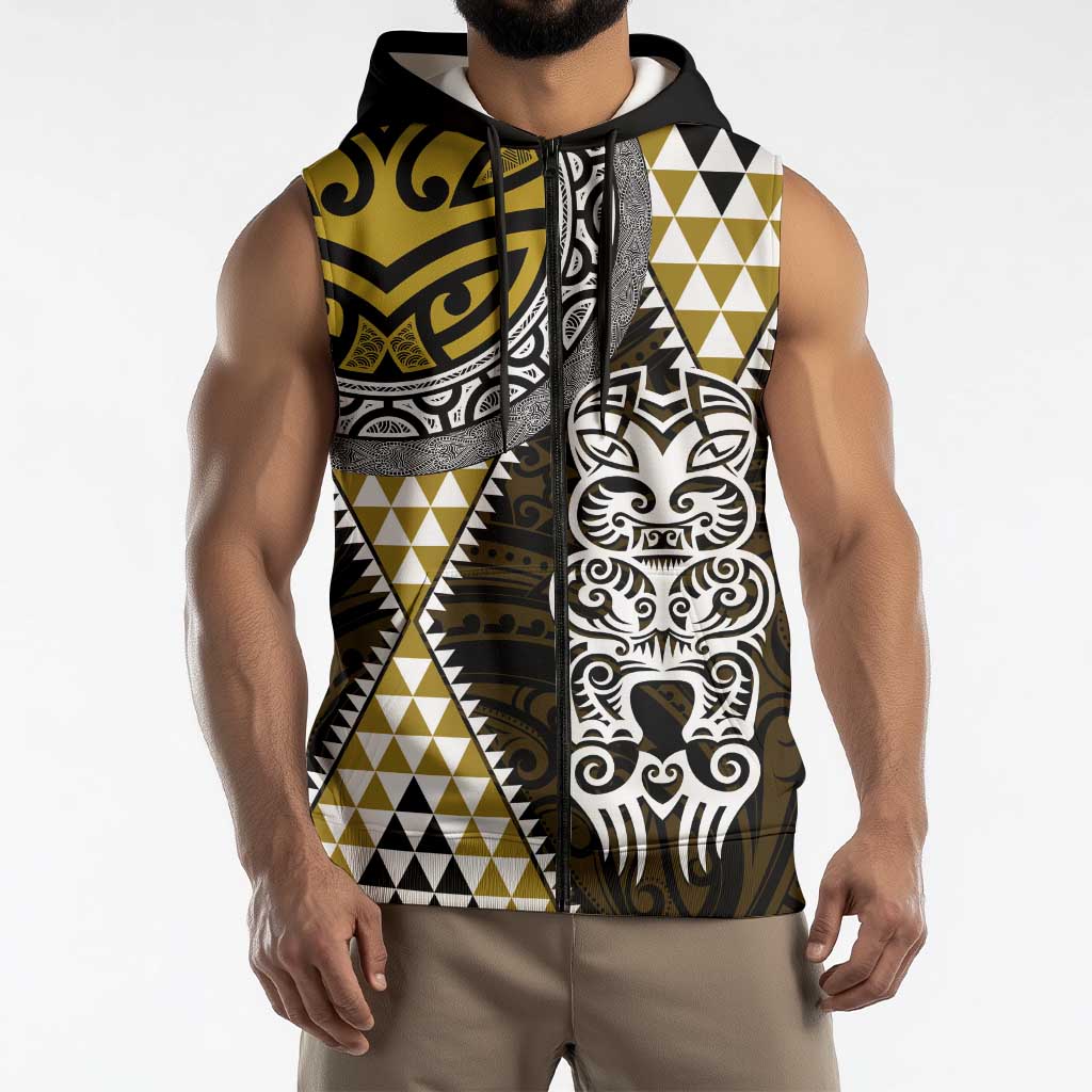 Yellow Aotearoa Niho Taniwha Sleeveless Zip Hoodie Maori Mythology Tooth - Taniko Motifs LT14 - Polynesian Pride