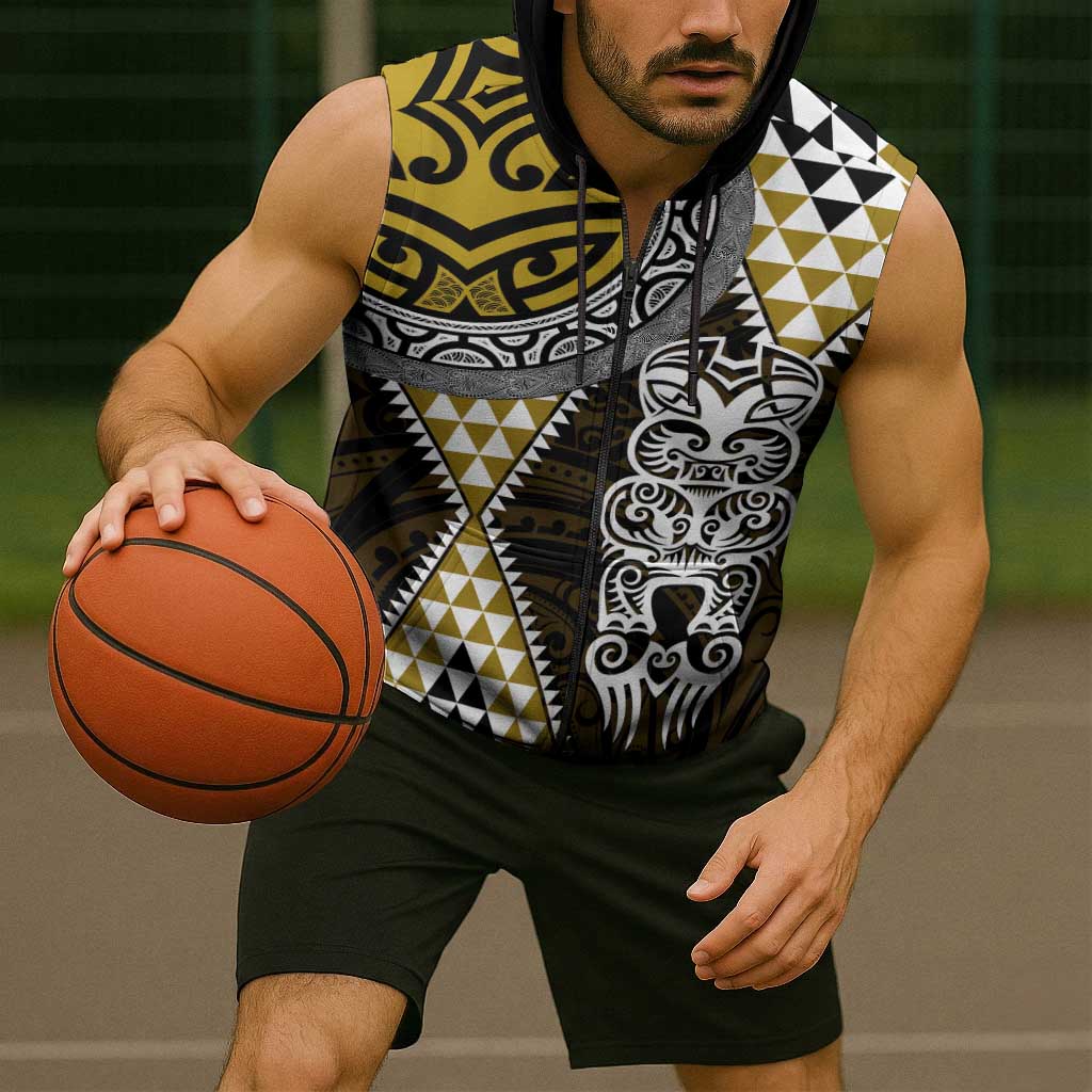 Yellow Aotearoa Niho Taniwha Sleeveless Zip Hoodie Maori Mythology Tooth - Taniko Motifs LT14 - Polynesian Pride