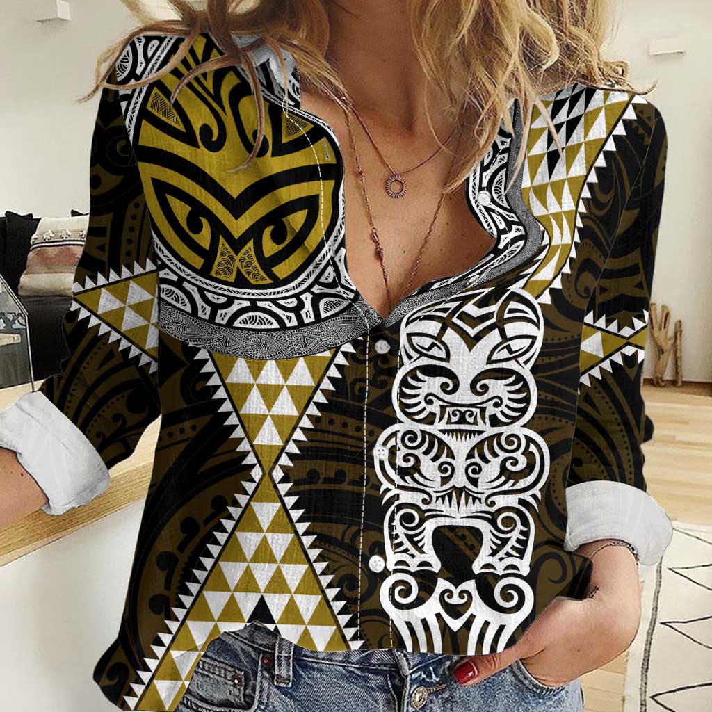 Yellow Aotearoa Niho Taniwha Women Casual Shirt Maori Mythology Tooth - Taniko Motifs LT14 Female Yellow - Polynesian Pride