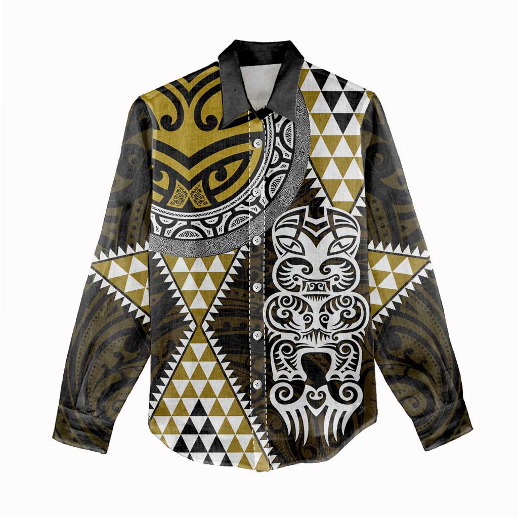 Yellow Aotearoa Niho Taniwha Women Casual Shirt Maori Mythology Tooth - Taniko Motifs LT14 - Polynesian Pride
