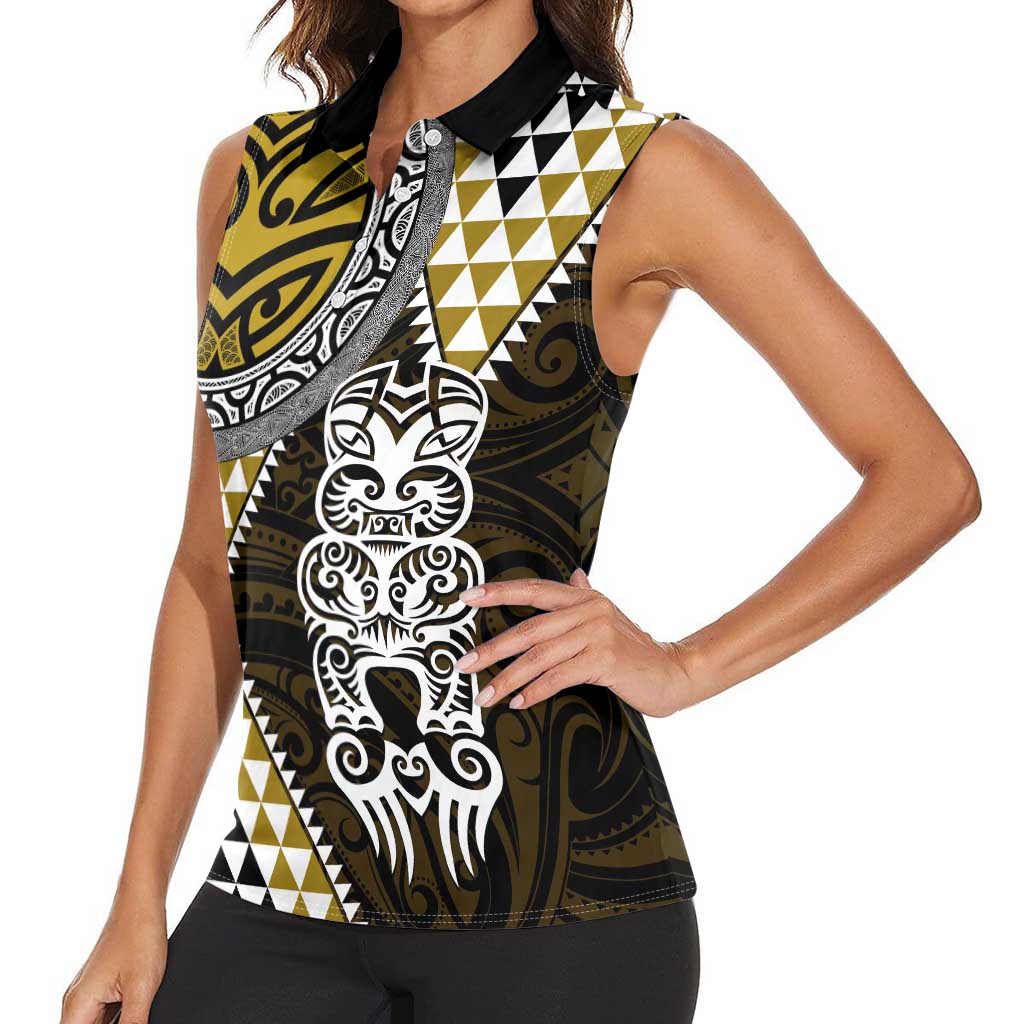 Yellow Aotearoa Niho Taniwha Women Sleeveless Polo Shirt Maori Mythology Tooth - Taniko Motifs LT14 - Polynesian Pride