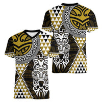 Yellow Aotearoa Niho Taniwha Women V-Neck T-Shirt Maori Mythology Tooth - Taniko Motifs LT14 - Polynesian Pride