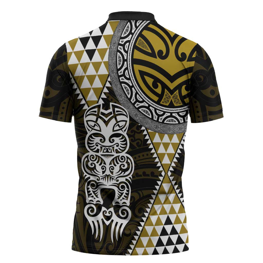 Yellow Aotearoa Niho Taniwha Zipper Polo Shirt Maori Mythology Tooth - Taniko Motifs - Polynesian Pride