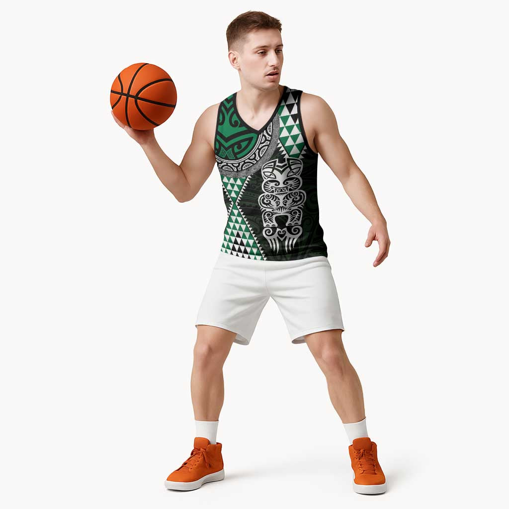 Green Aotearoa Niho Taniwha Basketball Jersey Maori Mythology Tooth - Taniko Motifs - Polynesian Pride