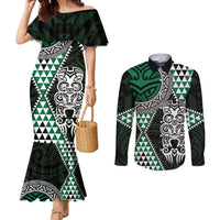 Green Aotearoa Niho Taniwha Couples Matching Mermaid Dress and Long Sleeve Button Shirt Maori Mythology Tooth - Taniko Motifs LT14 Green - Polynesian Pride