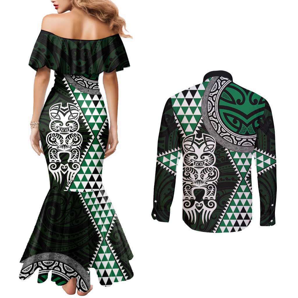 Green Aotearoa Niho Taniwha Couples Matching Mermaid Dress and Long Sleeve Button Shirt Maori Mythology Tooth - Taniko Motifs LT14 - Polynesian Pride