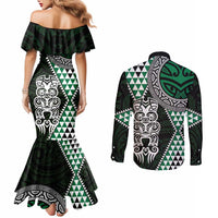 Green Aotearoa Niho Taniwha Couples Matching Mermaid Dress and Long Sleeve Button Shirt Maori Mythology Tooth - Taniko Motifs LT14 - Polynesian Pride