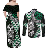 Green Aotearoa Niho Taniwha Couples Matching Off Shoulder Maxi Dress and Long Sleeve Button Shirt Maori Mythology Tooth - Taniko Motifs LT14 - Polynesian Pride