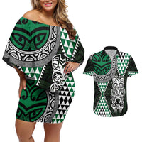 Green Aotearoa Niho Taniwha Couples Matching Off Shoulder Short Dress and Hawaiian Shirt Maori Mythology Tooth - Taniko Motifs LT14 Green - Polynesian Pride