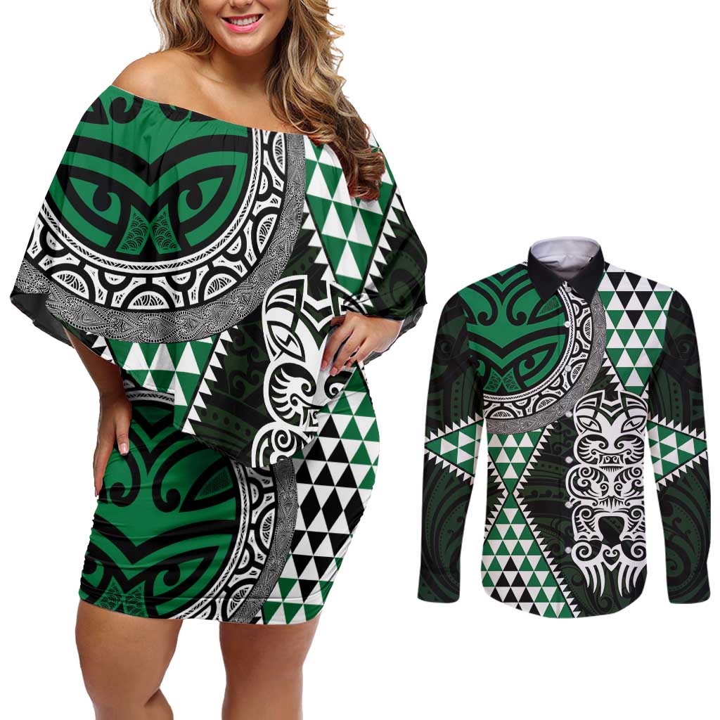 Green Aotearoa Niho Taniwha Couples Matching Off Shoulder Short Dress and Long Sleeve Button Shirt Maori Mythology Tooth - Taniko Motifs LT14 Green - Polynesian Pride