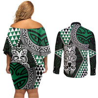 Green Aotearoa Niho Taniwha Couples Matching Off Shoulder Short Dress and Long Sleeve Button Shirt Maori Mythology Tooth - Taniko Motifs LT14 - Polynesian Pride