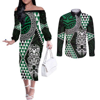 Green Aotearoa Niho Taniwha Couples Matching Off The Shoulder Long Sleeve Dress and Long Sleeve Button Shirt Maori Mythology Tooth - Taniko Motifs LT14 Green - Polynesian Pride