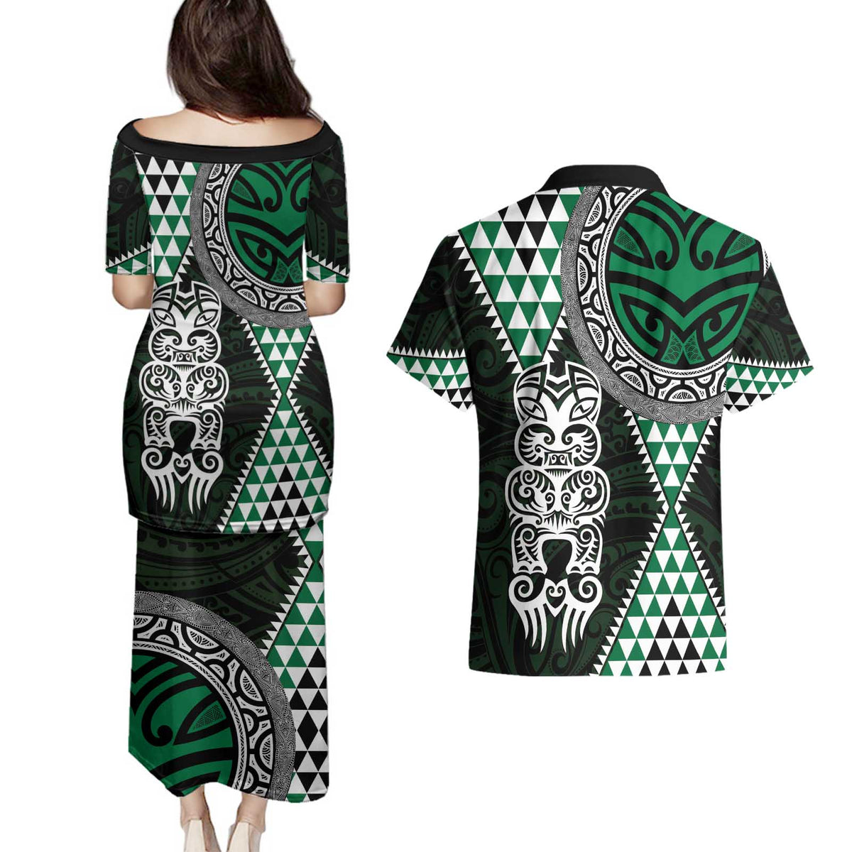 Green Aotearoa Niho Taniwha Couples Matching Puletasi and Hawaiian Shirt Maori Mythology Tooth - Taniko Motifs LT14 - Polynesian Pride