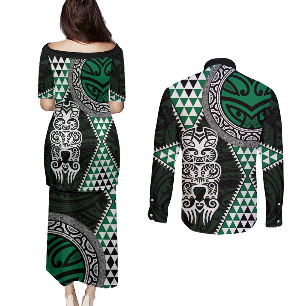 Green Aotearoa Niho Taniwha Couples Matching Puletasi and Long Sleeve Button Shirt Maori Mythology Tooth - Taniko Motifs LT14 - Polynesian Pride