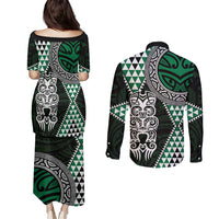 Green Aotearoa Niho Taniwha Couples Matching Puletasi and Long Sleeve Button Shirt Maori Mythology Tooth - Taniko Motifs LT14 - Polynesian Pride