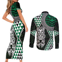Green Aotearoa Niho Taniwha Couples Matching Short Sleeve Bodycon Dress and Long Sleeve Button Shirt Maori Mythology Tooth - Taniko Motifs LT14 - Polynesian Pride