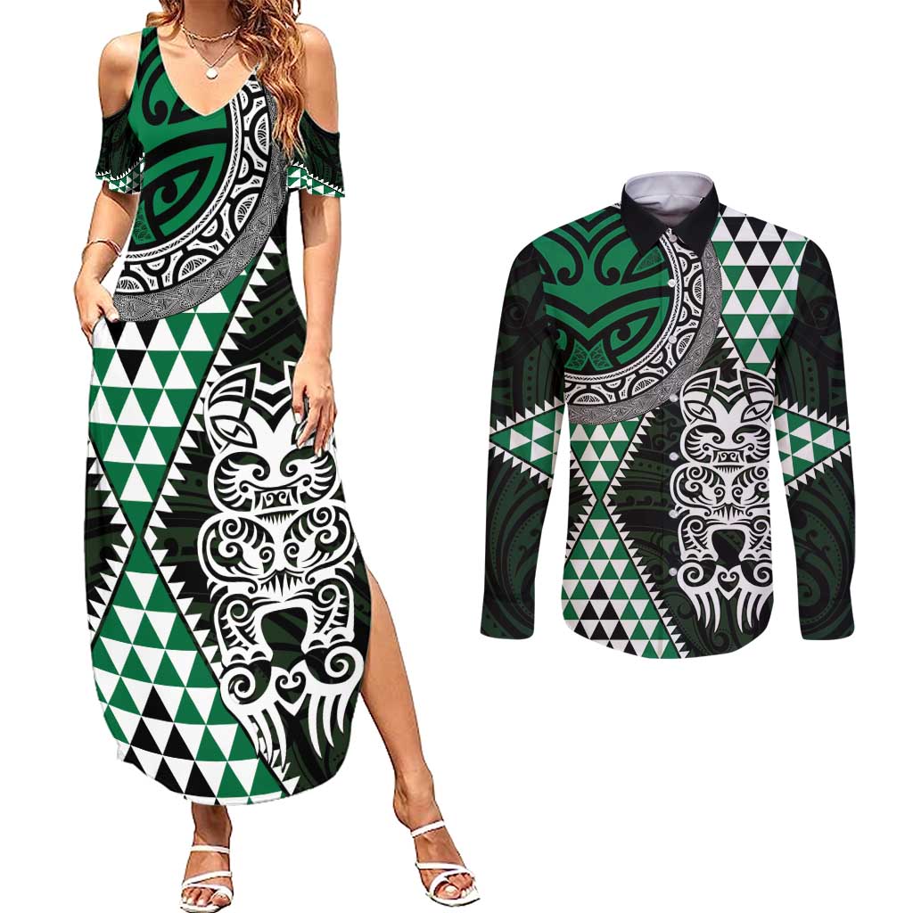 Green Aotearoa Niho Taniwha Couples Matching Summer Maxi Dress and Long Sleeve Button Shirt Maori Mythology Tooth - Taniko Motifs LT14 Green - Polynesian Pride