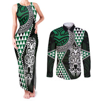 Green Aotearoa Niho Taniwha Couples Matching Tank Maxi Dress and Long Sleeve Button Shirt Maori Mythology Tooth - Taniko Motifs LT14 Green - Polynesian Pride