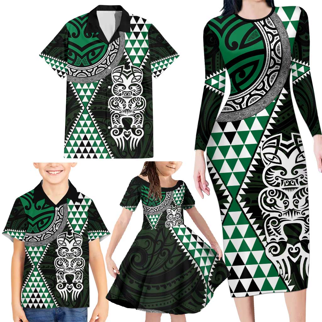Green Aotearoa Niho Taniwha Family Matching Long Sleeve Bodycon Dress and Hawaiian Shirt Maori Mythology Tooth - Taniko Motifs LT14 - Polynesian Pride