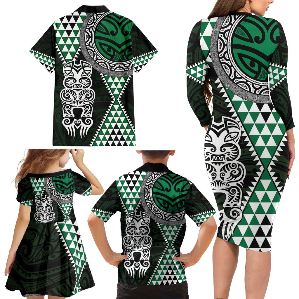 Green Aotearoa Niho Taniwha Family Matching Long Sleeve Bodycon Dress and Hawaiian Shirt Maori Mythology Tooth - Taniko Motifs LT14 - Polynesian Pride