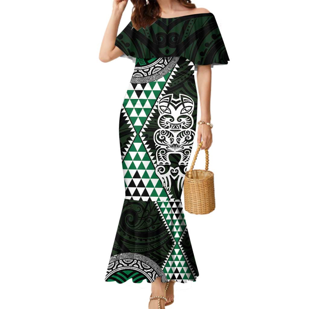 Green Aotearoa Niho Taniwha Family Matching Mermaid Dress and Hawaiian Shirt Maori Mythology Tooth - Taniko Motifs LT14 Mom's Dress Green - Polynesian Pride