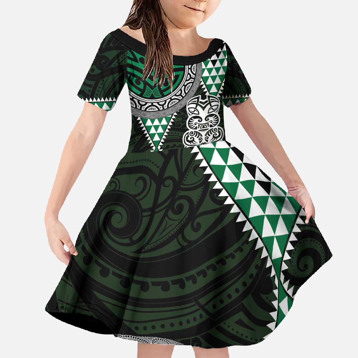 Green Aotearoa Niho Taniwha Family Matching Off The Shoulder Long Sleeve Dress and Hawaiian Shirt Maori Mythology Tooth - Taniko Motifs LT14 Daughter's Dress Green - Polynesian Pride