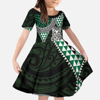Green Aotearoa Niho Taniwha Family Matching Off The Shoulder Long Sleeve Dress and Hawaiian Shirt Maori Mythology Tooth - Taniko Motifs LT14 Daughter's Dress Green - Polynesian Pride