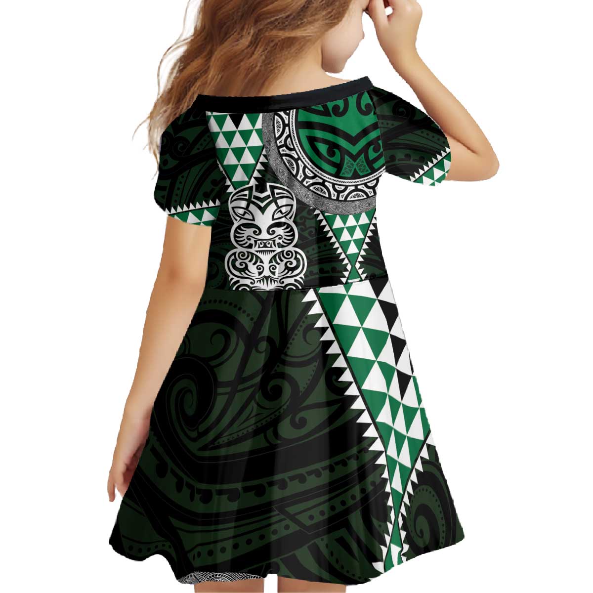 Green Aotearoa Niho Taniwha Family Matching Off The Shoulder Long Sleeve Dress and Hawaiian Shirt Maori Mythology Tooth - Taniko Motifs LT14 - Polynesian Pride