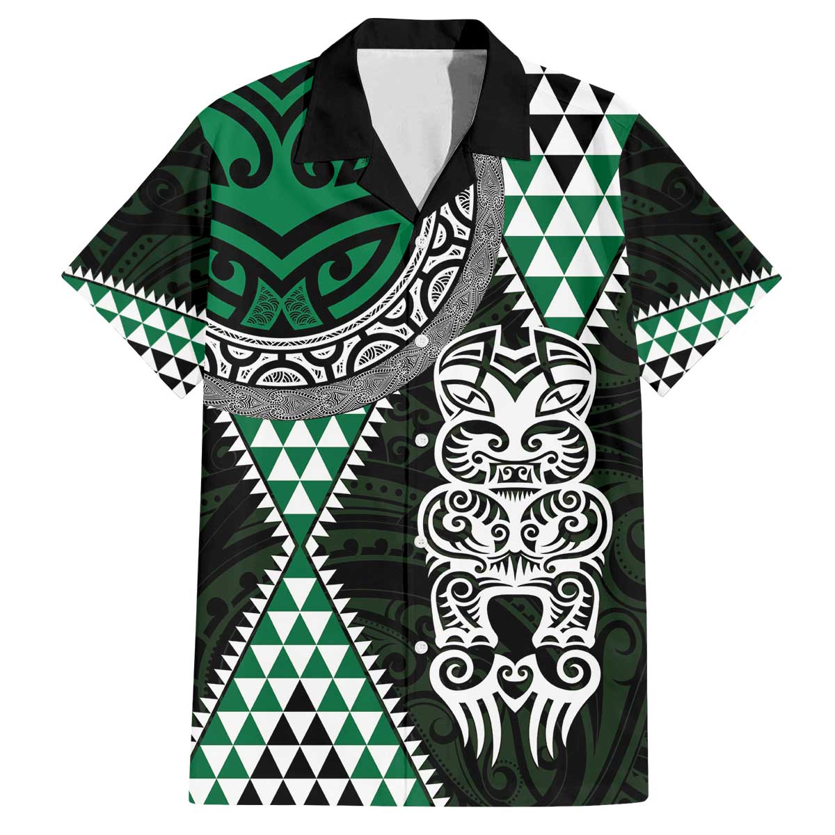 Green Aotearoa Niho Taniwha Family Matching Off The Shoulder Long Sleeve Dress and Hawaiian Shirt Maori Mythology Tooth - Taniko Motifs LT14 Dad's Shirt - Short Sleeve Green - Polynesian Pride