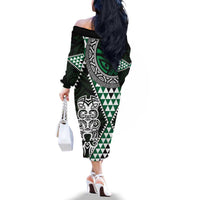 Green Aotearoa Niho Taniwha Family Matching Off The Shoulder Long Sleeve Dress and Hawaiian Shirt Maori Mythology Tooth - Taniko Motifs LT14 - Polynesian Pride