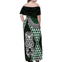 Green Aotearoa Niho Taniwha Family Matching Off Shoulder Maxi Dress and Hawaiian Shirt Maori Mythology Tooth - Taniko Motifs LT14 - Polynesian Pride