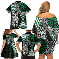Green Aotearoa Niho Taniwha Family Matching Off Shoulder Short Dress and Hawaiian Shirt Maori Mythology Tooth - Taniko Motifs LT14 - Polynesian Pride