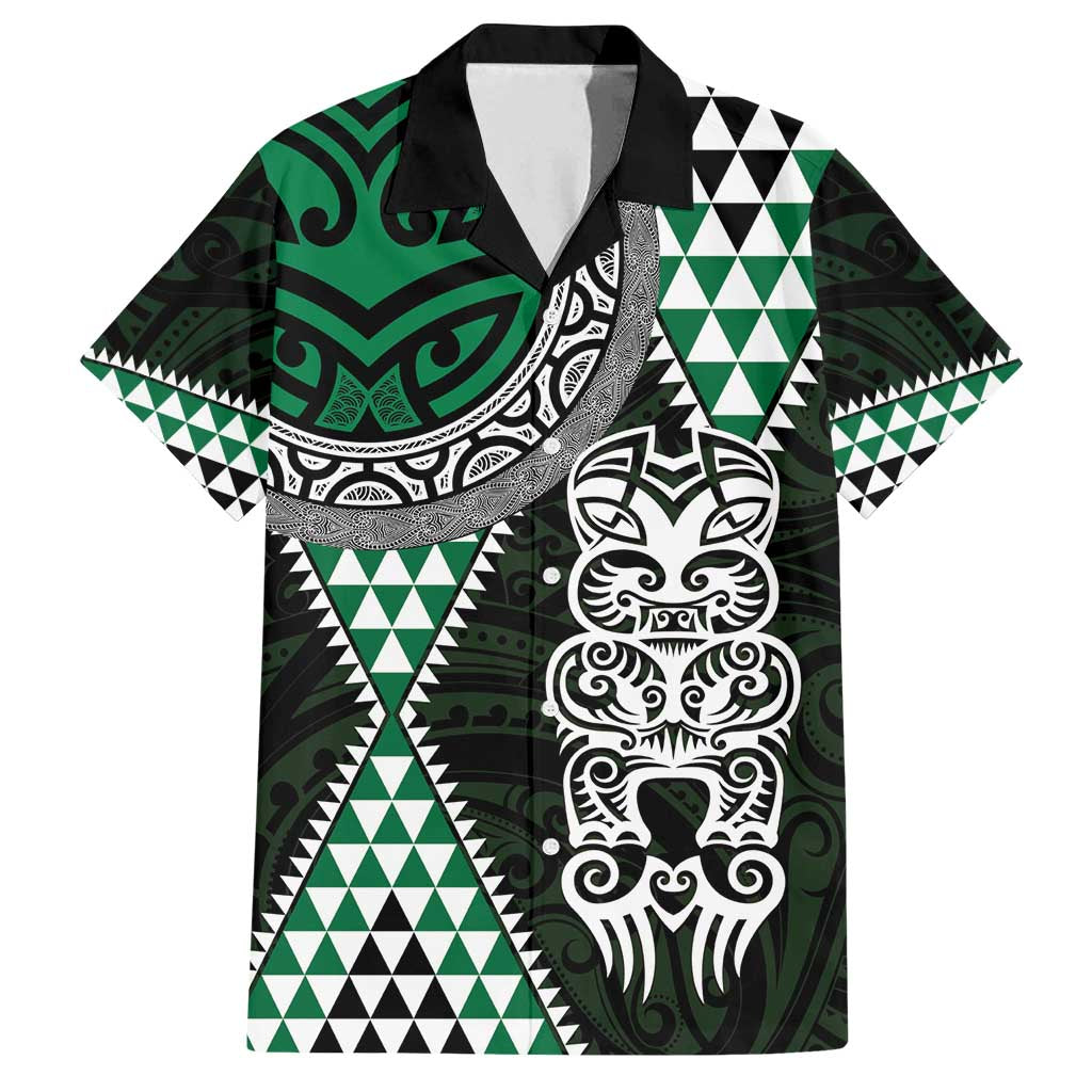 Green Aotearoa Niho Taniwha Family Matching Off Shoulder Short Dress and Hawaiian Shirt Maori Mythology Tooth - Taniko Motifs LT14 Dad's Shirt - Short Sleeve Green - Polynesian Pride