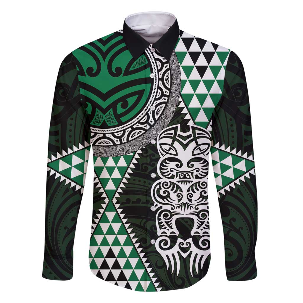 Green Aotearoa Niho Taniwha Family Matching Off Shoulder Short Dress and Hawaiian Shirt Maori Mythology Tooth - Taniko Motifs LT14 Dad's Shirt - Long Sleeve Green - Polynesian Pride
