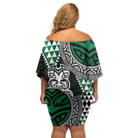 Green Aotearoa Niho Taniwha Family Matching Off Shoulder Short Dress and Hawaiian Shirt Maori Mythology Tooth - Taniko Motifs LT14 - Polynesian Pride