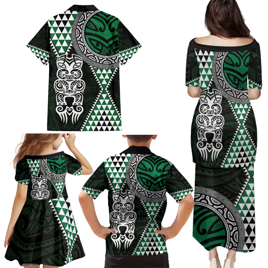 Green Aotearoa Niho Taniwha Family Matching Puletasi and Hawaiian Shirt Maori Mythology Tooth - Taniko Motifs LT14 - Polynesian Pride