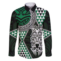 Green Aotearoa Niho Taniwha Family Matching Short Sleeve Bodycon Dress and Hawaiian Shirt Maori Mythology Tooth - Taniko Motifs LT14 Dad's Shirt - Long Sleeve Green - Polynesian Pride