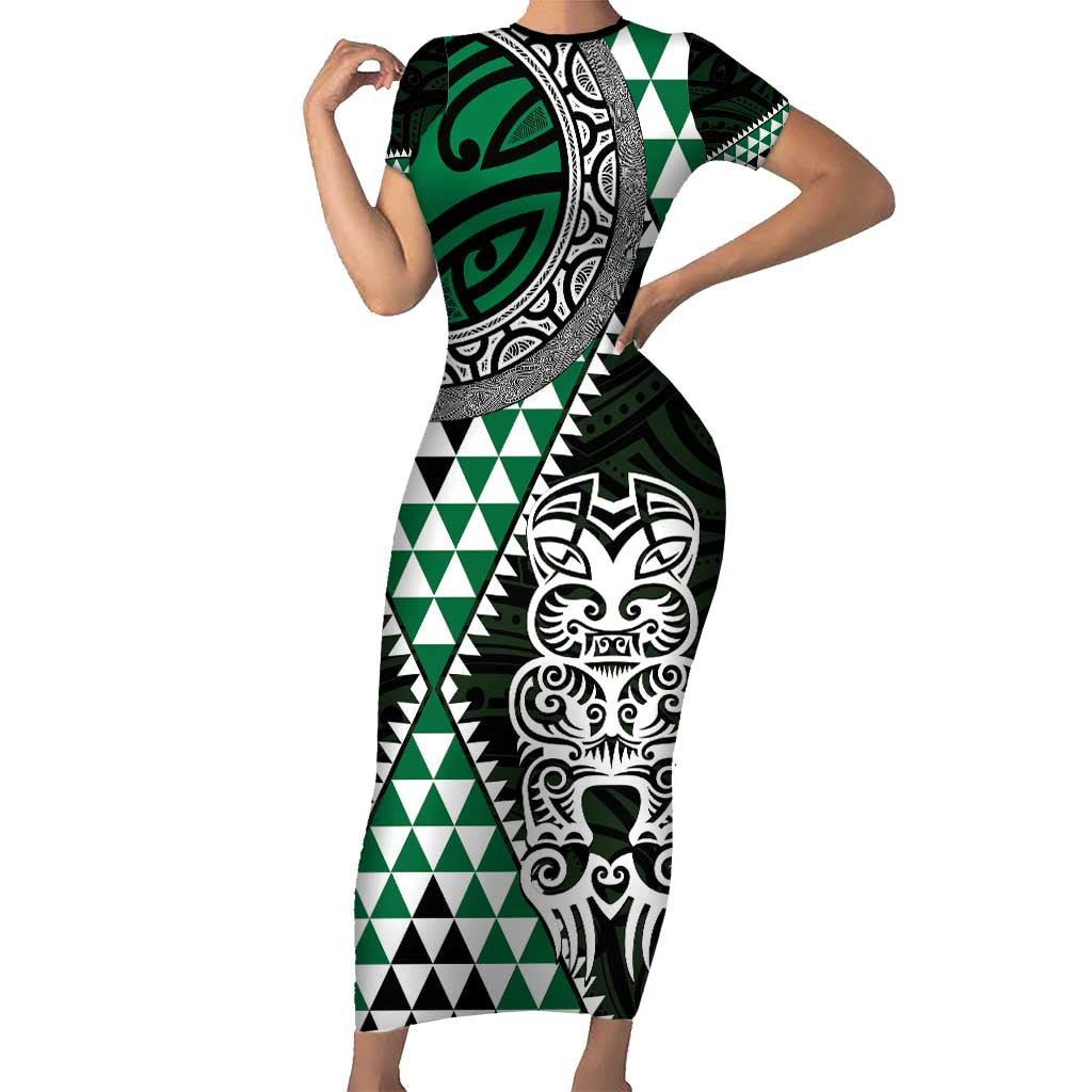 Green Aotearoa Niho Taniwha Family Matching Short Sleeve Bodycon Dress and Hawaiian Shirt Maori Mythology Tooth - Taniko Motifs LT14 Mom's Dress Green - Polynesian Pride