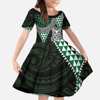 Green Aotearoa Niho Taniwha Family Matching Summer Maxi Dress and Hawaiian Shirt Maori Mythology Tooth - Taniko Motifs LT14 Daughter's Dress Green - Polynesian Pride