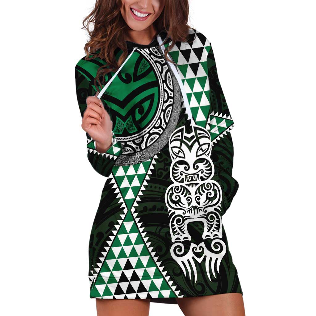 Green Aotearoa Niho Taniwha Hoodie Dress Maori Mythology Tooth - Taniko Motifs LT14 Green - Polynesian Pride