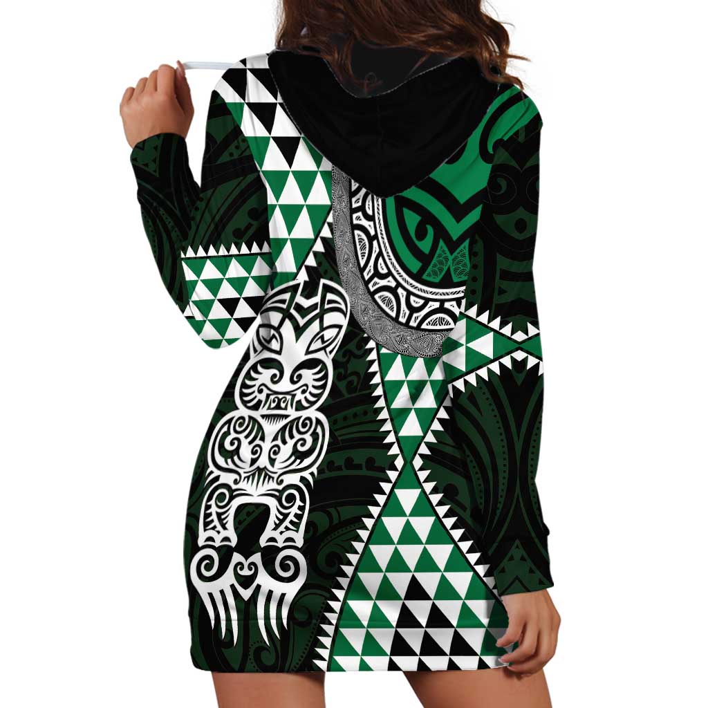 Green Aotearoa Niho Taniwha Hoodie Dress Maori Mythology Tooth - Taniko Motifs LT14 - Polynesian Pride