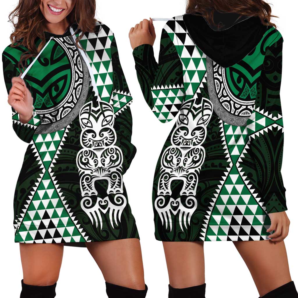 Green Aotearoa Niho Taniwha Hoodie Dress Maori Mythology Tooth - Taniko Motifs LT14 - Polynesian Pride