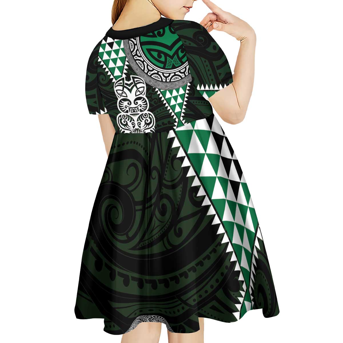 Green Aotearoa Niho Taniwha Kid Short Sleeve Dress Maori Mythology Tooth - Taniko Motifs LT14 - Polynesian Pride