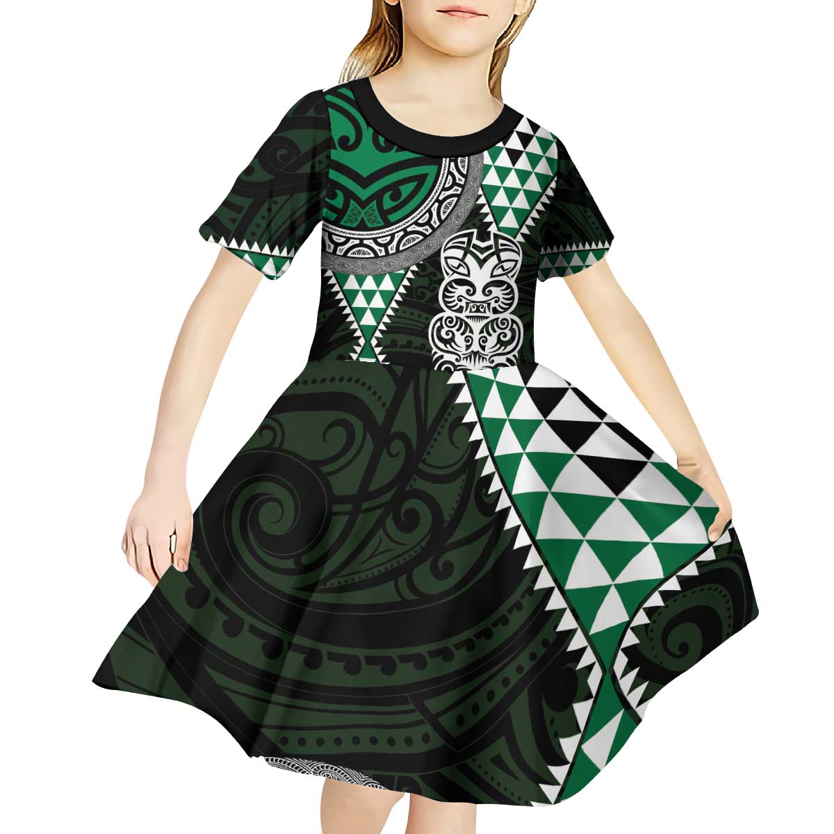 Green Aotearoa Niho Taniwha Kid Short Sleeve Dress Maori Mythology Tooth - Taniko Motifs LT14 - Polynesian Pride