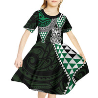 Green Aotearoa Niho Taniwha Kid Short Sleeve Dress Maori Mythology Tooth - Taniko Motifs LT14 - Polynesian Pride