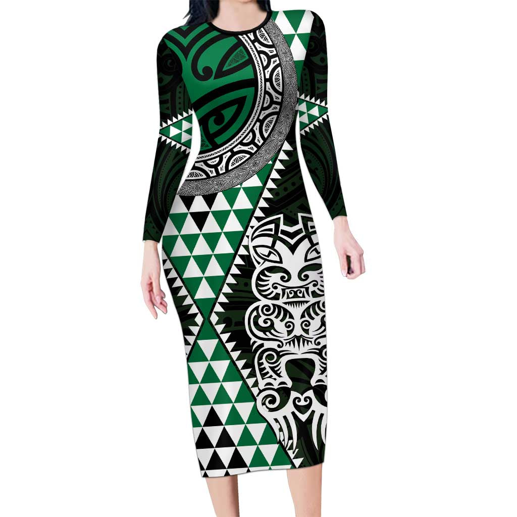 Green Aotearoa Niho Taniwha Long Sleeve Bodycon Dress Maori Mythology Tooth - Taniko Motifs LT14 Long Dress Green - Polynesian Pride