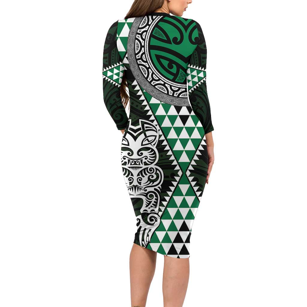 Green Aotearoa Niho Taniwha Long Sleeve Bodycon Dress Maori Mythology Tooth - Taniko Motifs LT14 - Polynesian Pride